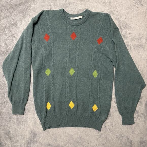 Lyle & Scott Made in Scotland Wool Sweater Green Cable Knit Diamond Pattern Sz S - Picture 1 of 13